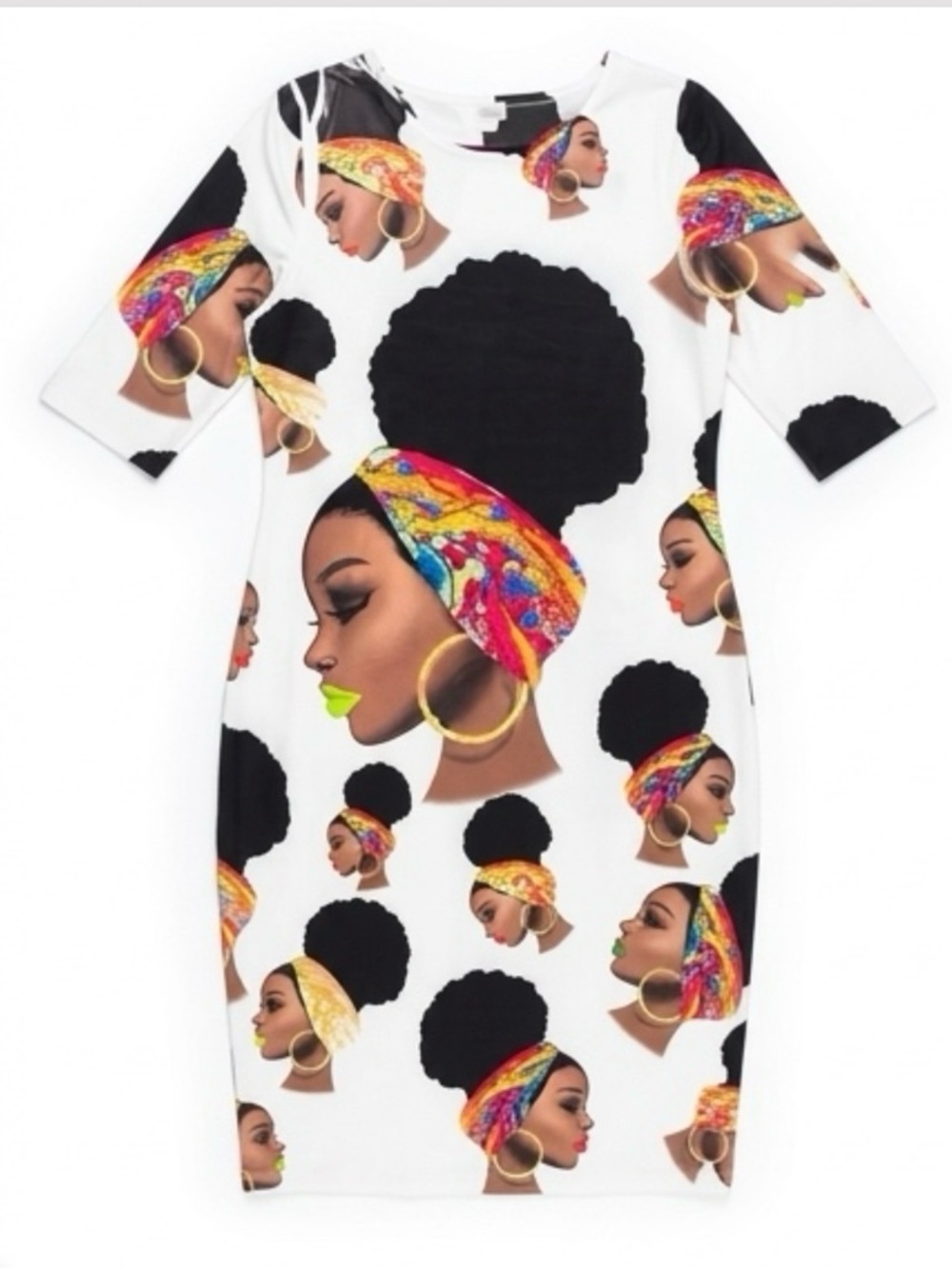White Graphic Bodycon Dress with Colorful Headwrap Print